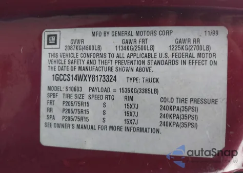 2000 Chevrolet S-10 Ls from USA, damaged, VIN 1GCCS14WXY8173324